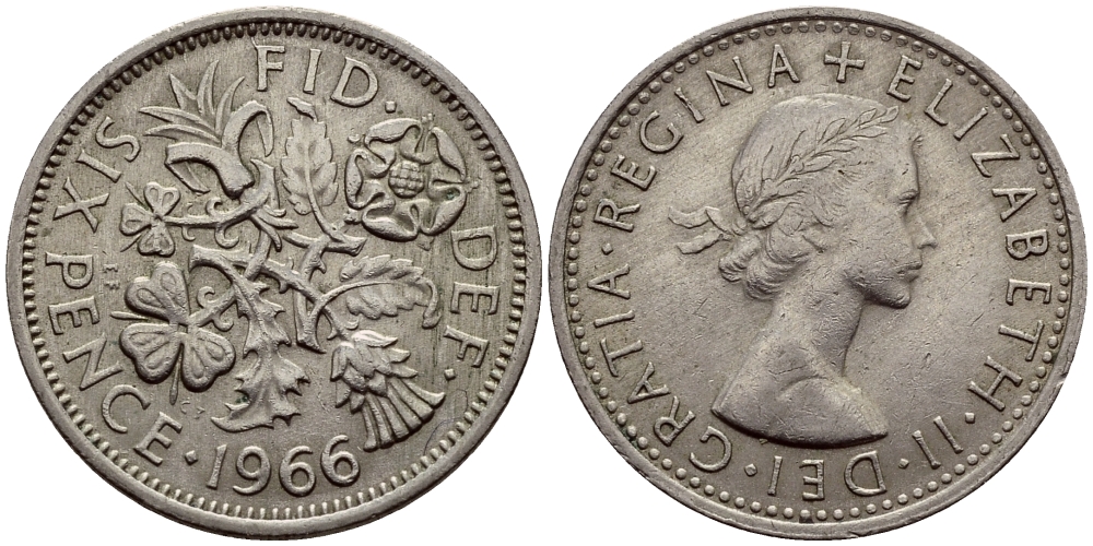 Великобритания 6 пенсов 1966 Елизавета II (1952-2022) KM 903, Spink 4149 медно-никель 75-158
