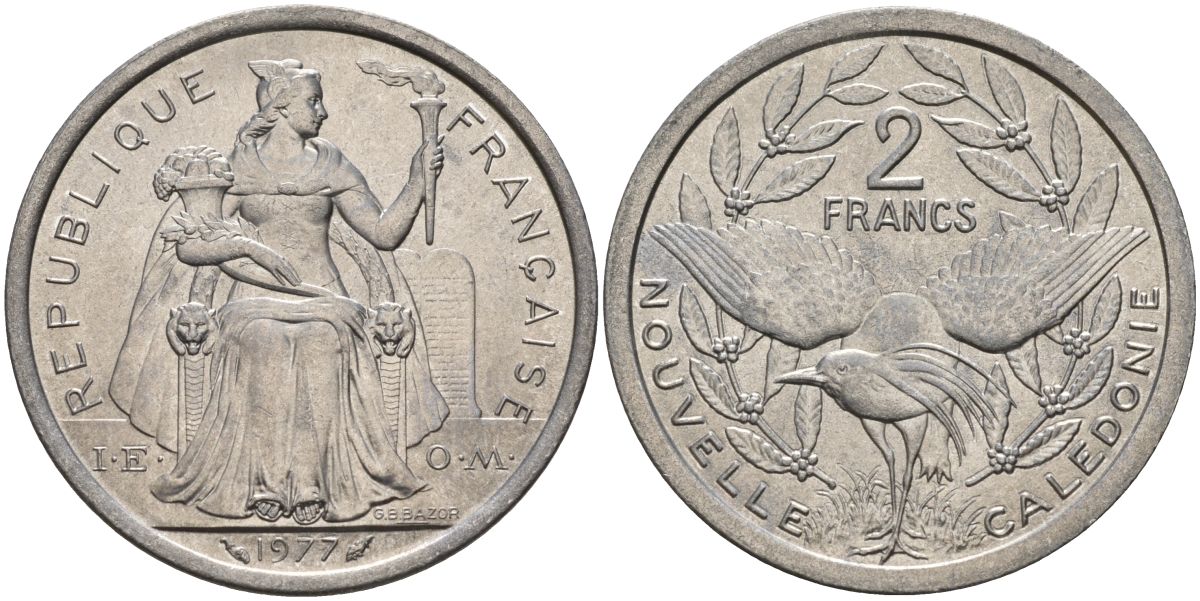 Французская Новая Каледония 2 франка 1977 KM 14 алюминий 4149-621