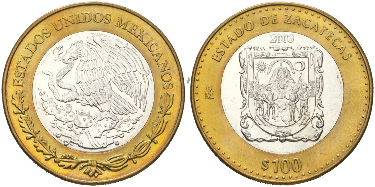 Мексика 100 песо 2003 180 лет Федерации - Сакатекас KM 688 биметалл, серебро BU 00-1067-10-51
