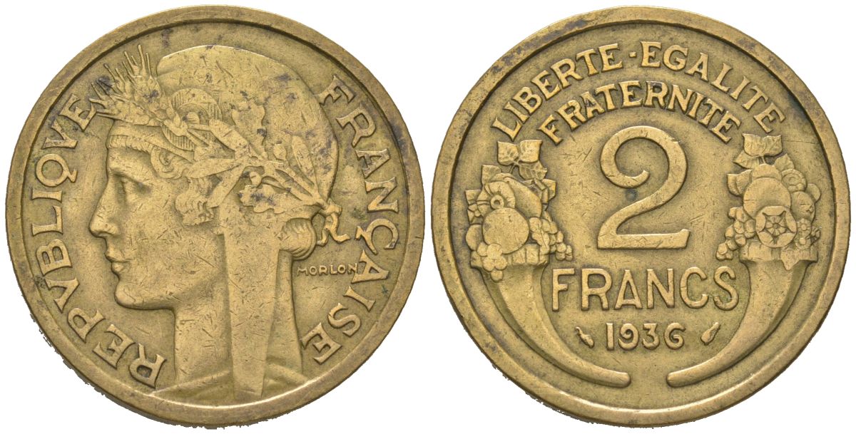 Франция 2 франка 1936 KM 886, Le Franc 268/9 медь алюминий 4582-226