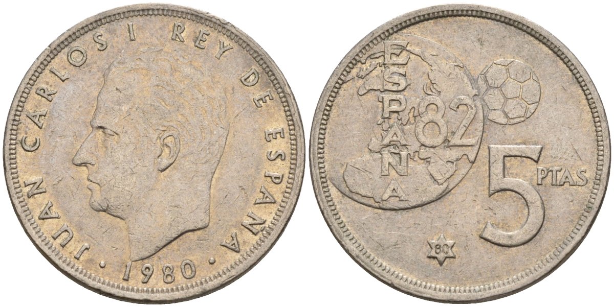 Испания 5 песет 1980 (80) Хуан Карлос I (1975 - 2014) KM 817 медно-никель 4155-746
