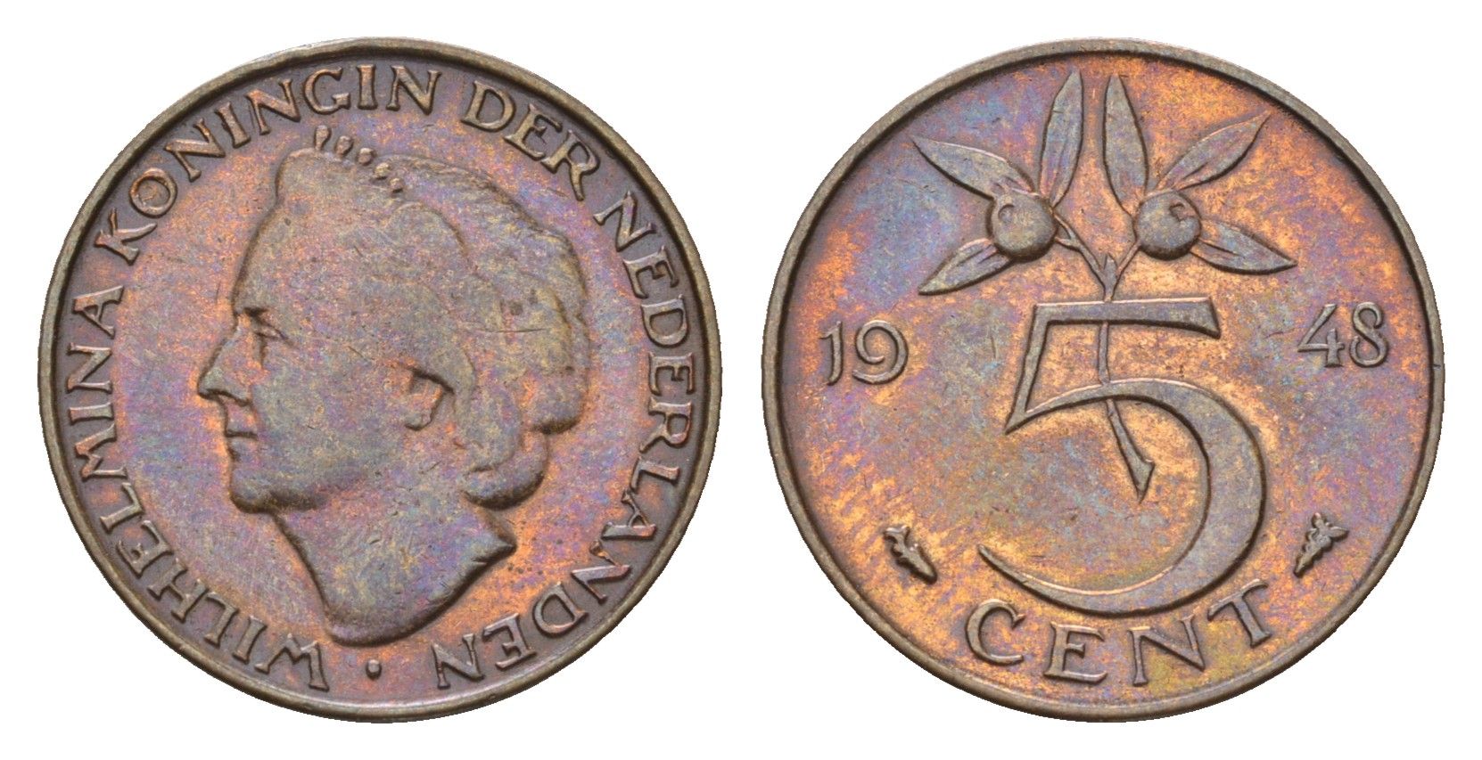 Нидерланды 5 центов 1948 Вильгельмина (1890-1948), год-тип KM 176 бронза 4675-914