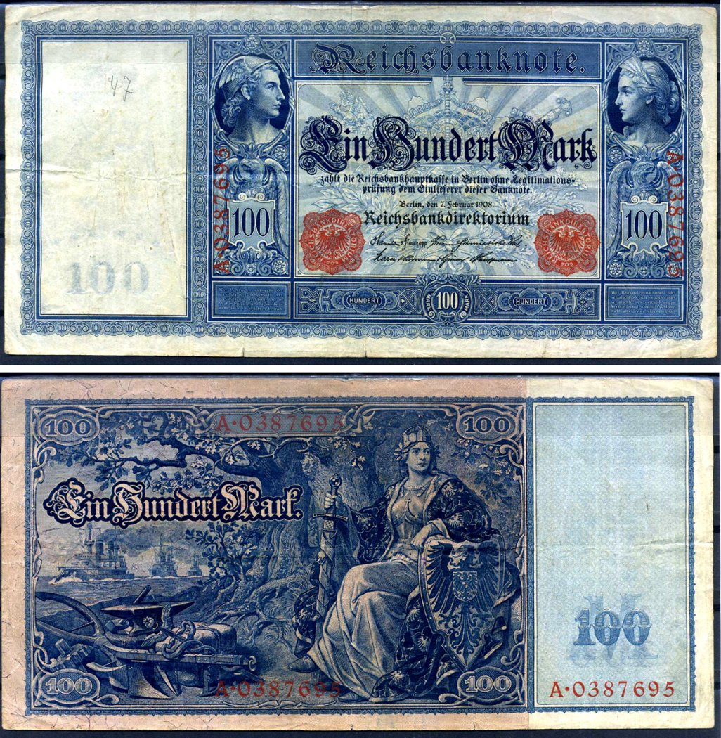 Германия 100 марок 1910 21 апреля 1910, красная печать, Меркурий и Церера, белая бумага Pick 42 (1) бумага 00-00