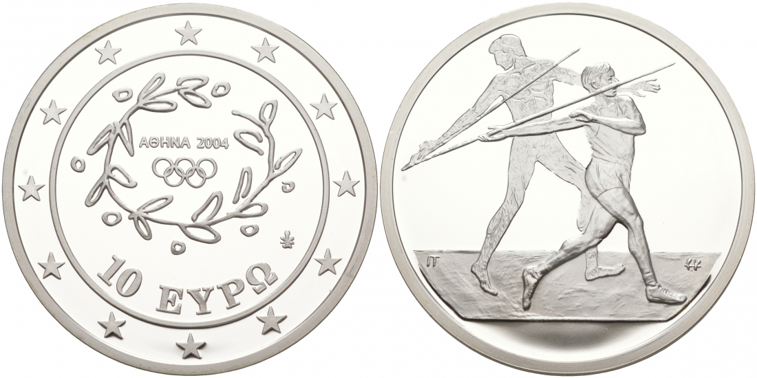 Греция 10 евро 2003 XXVIII летние Олимпийские игры 2004 года в Афинах, метание копья KM 193 серебро PROOF 02-039-34