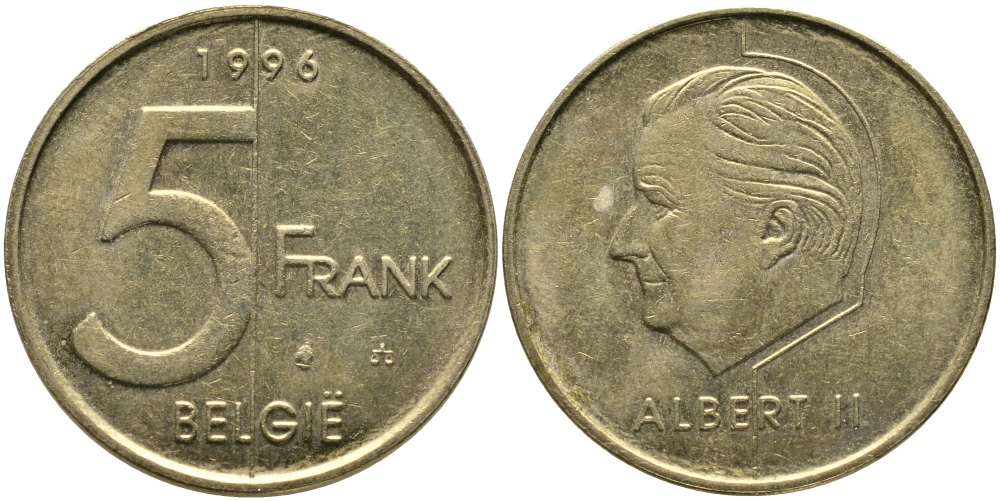 БЕЛЬГИЯ 5 ФРАНКОВ 1996 BELGIE, АЛЬБЕРТ II (1993-) KM 190 алюминиевая бронза 65-1143
