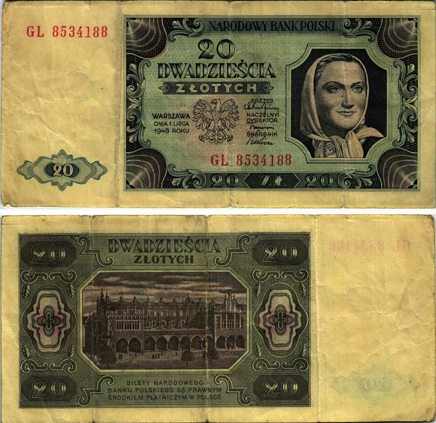 Польша 20 злотых 1948 женщина, торговые ряды в Кракове, 2 буквы в серии Pick 137 (2) бумага 8607-87-3-1