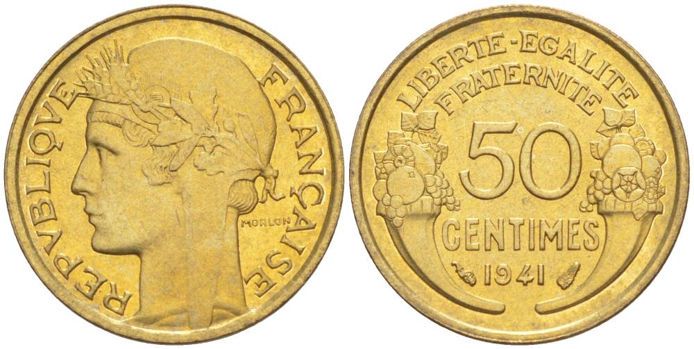 ФРАНЦИЯ 50 САНТИМОВ 1941 ТИП MORLON KM 894.1, LE FRANC 192.18 алюминиевая бронза 44-457