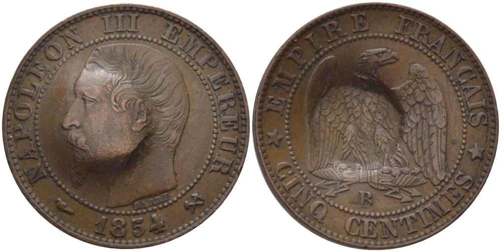 ФРАНЦИЯ 5 САНТИМОВ 1854 B, НАПОЛЕОН III (1852-1870) KM 777.2, LE FRANC 116.9 бронза 28-714