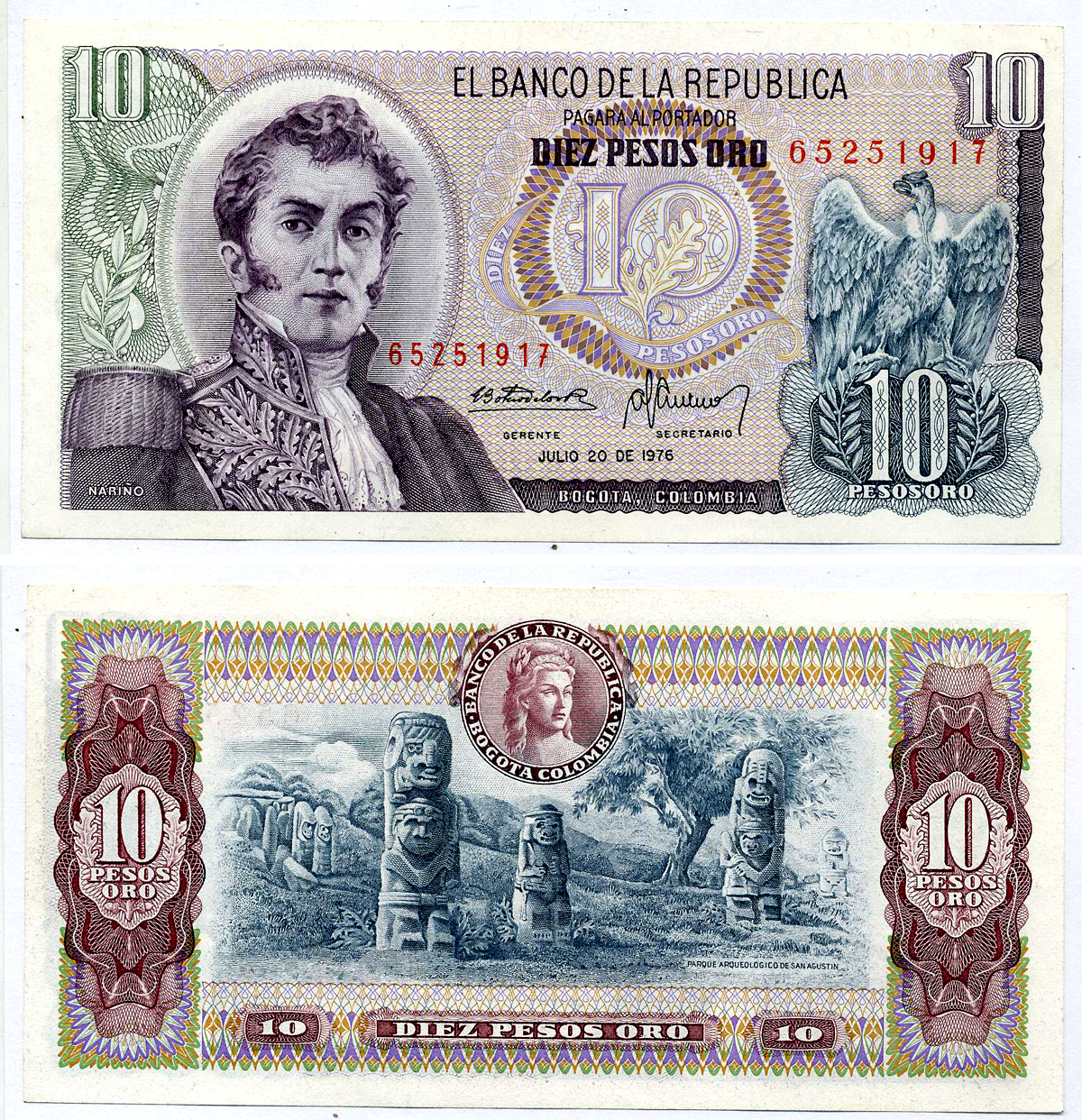 Колумбия 10 песо 1976 20 июля 1976, Антонио Нариньо Pick 407f бумага UNC (пресс) 7486-3-2-1