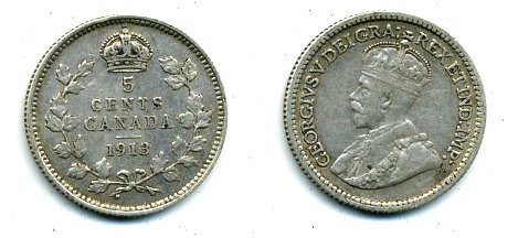 КАНАДА 5 ЦЕНТОВ 1913 ГЕОРГ V серебро 46-551