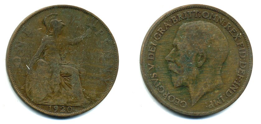 Великобритания 1 пенни 1920 Георг V (1910-1936) KM 810, Spink 4051 бронза 41-336