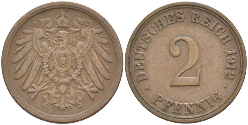 Германия 2 пфеннига 1912 A KM 16, J. 11, Weege 4 медь 212-355