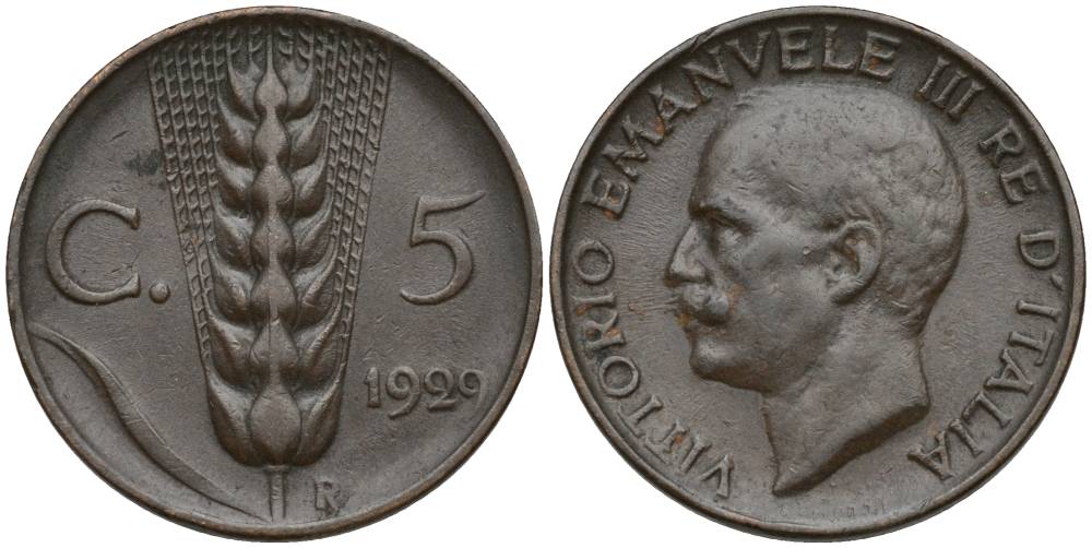ИТАЛИЯ 5 ЧЕНТЕЗИМО 1929 R, ВИКТОР ЭММАНУИЛ III (1900-1946) KM 59 бронза 4548-1155