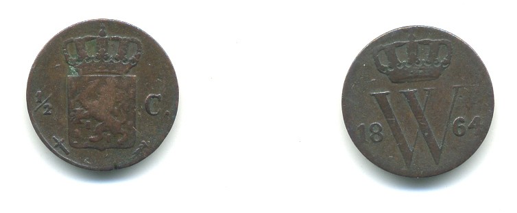 НИДЕРЛАНДЫ 1/2 ЦЕНТА 1864 KM 90 медь 84-1653
