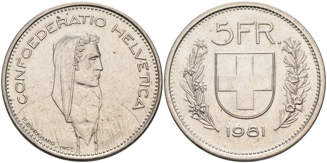Швейцария 5 франков 1981 KM 40а медно-никель 88-1043