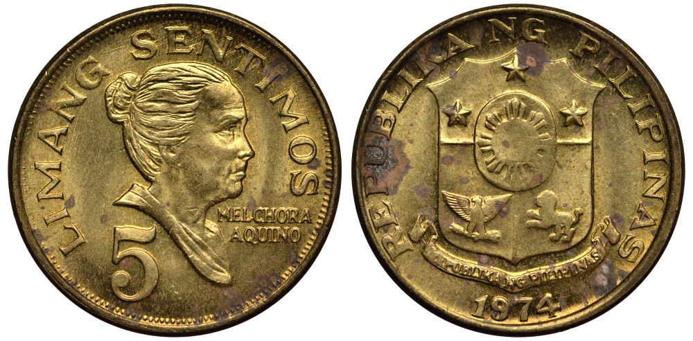 ФИЛИППИНЫ 5 СЕНТИМО 1974 МЕЛЬХОРА АКУИНО KM 197 латунь XF- 4181-356