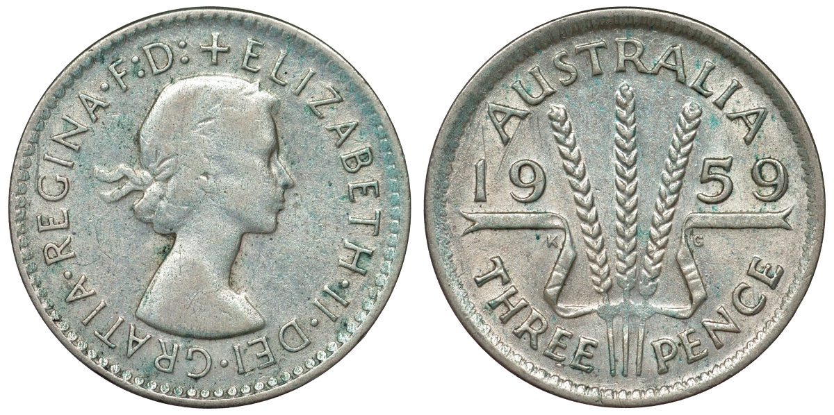 Австралия 3 пенса 1959 m, Елизавета II (1952-2022) KM 57 серебро 71-565