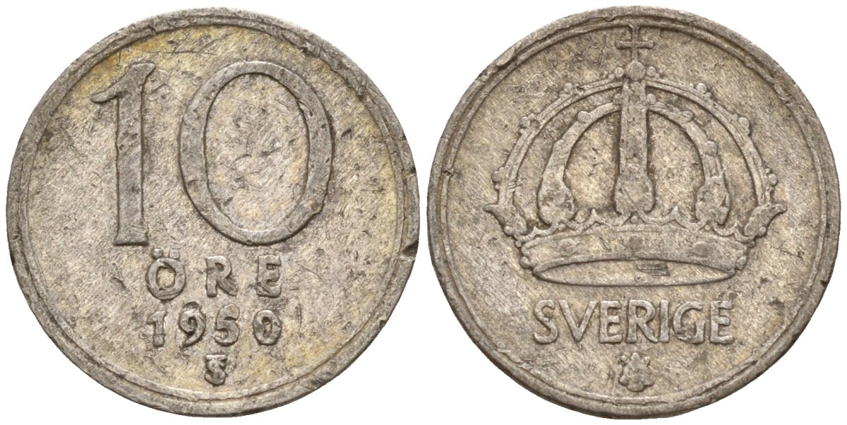 Швеция 10 эре 1950 TS, Густав V (1907-1950) KM 813 серебро 4147-857