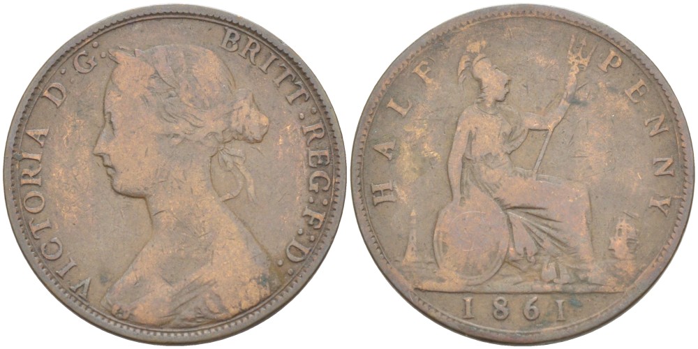 Великобритания 1/2 пенни 1861 Виктория (1837-1901) KM 748.2, Spink 3956 бронза 4543-1137