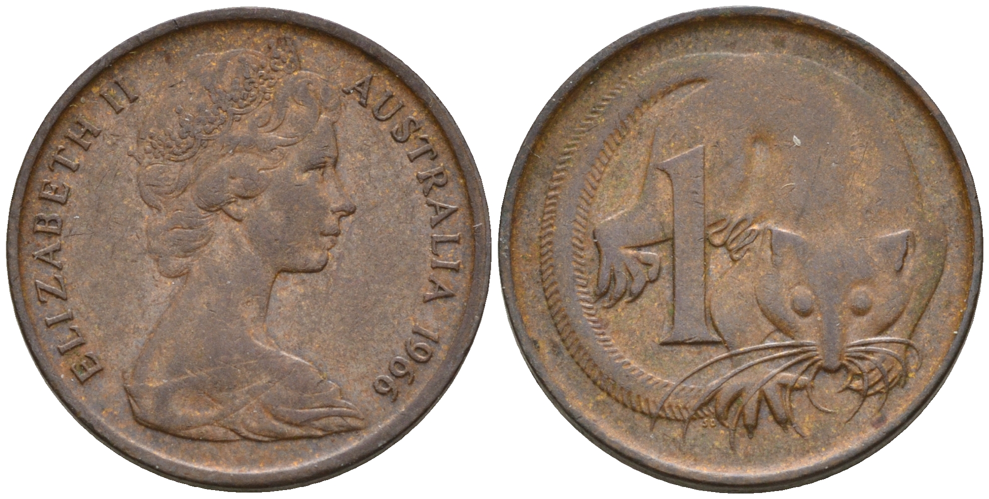 Австралия 1 цент 1966 Елизавета II, опоссум КМ 62 бронза    4602-558