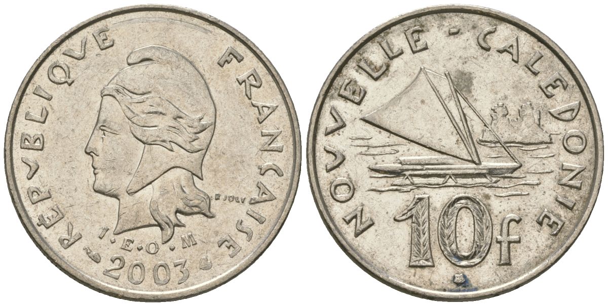 Французская Новая Каледония 10 франков 2003 рыбачья парусная лодка, (IEOM) KM 11, Schoen 13, Lec 99h никель 54-2246