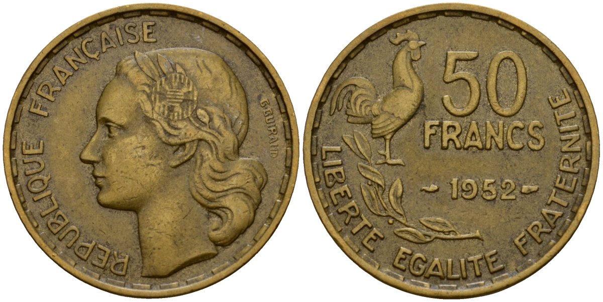 Франция 50 франков 1952 петух KM 918.1, Le Franc 425.8 алюминиевая бронза 4599-342