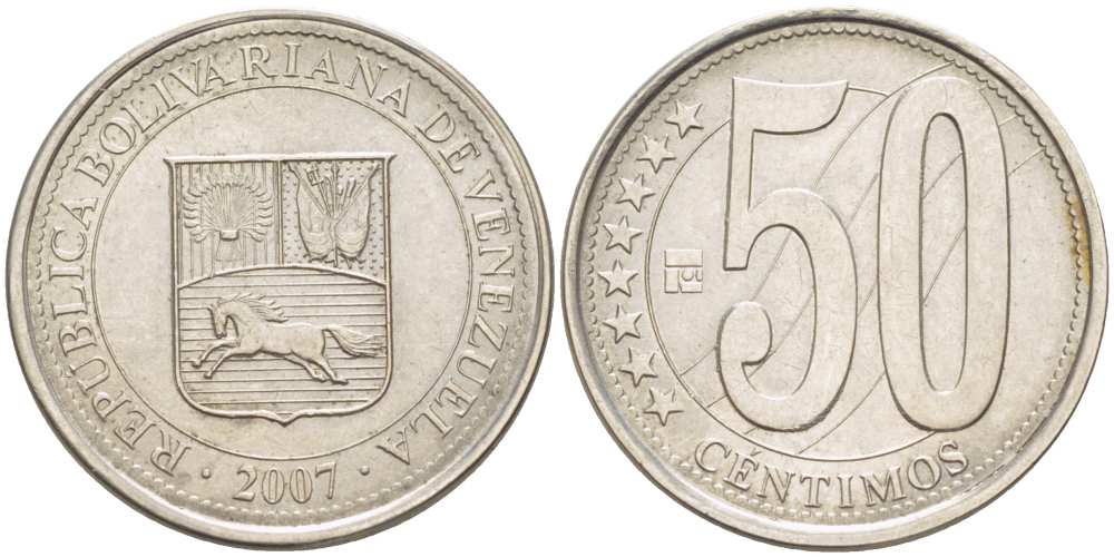 Венесуэла 50 сентимо 2007 KM 92 сталь плакированная никелем 217-751