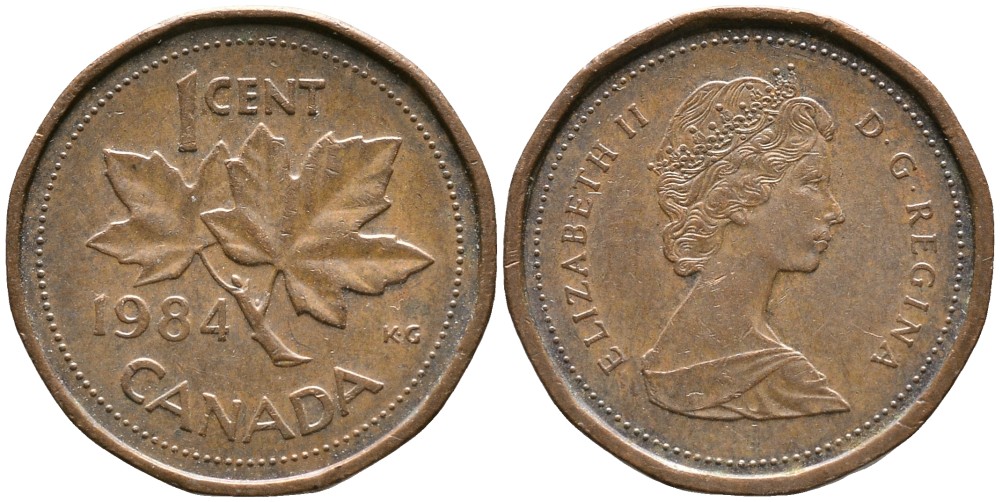 КАНАДА 1 ЦЕНТ 1984 ЕЛИЗАВЕТА II (1952-), КЛЕНОВЫЙ ЛИСТ, ВТОРОЙ ПОРТРЕТ В КОРОНЕ KM 132 бронза 4528-753