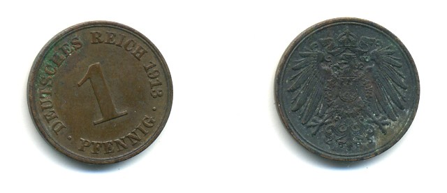 ГЕРМАНИЯ 1 ПФЕННИГ 1913 A KM 10, J. 10 медь 4379-914