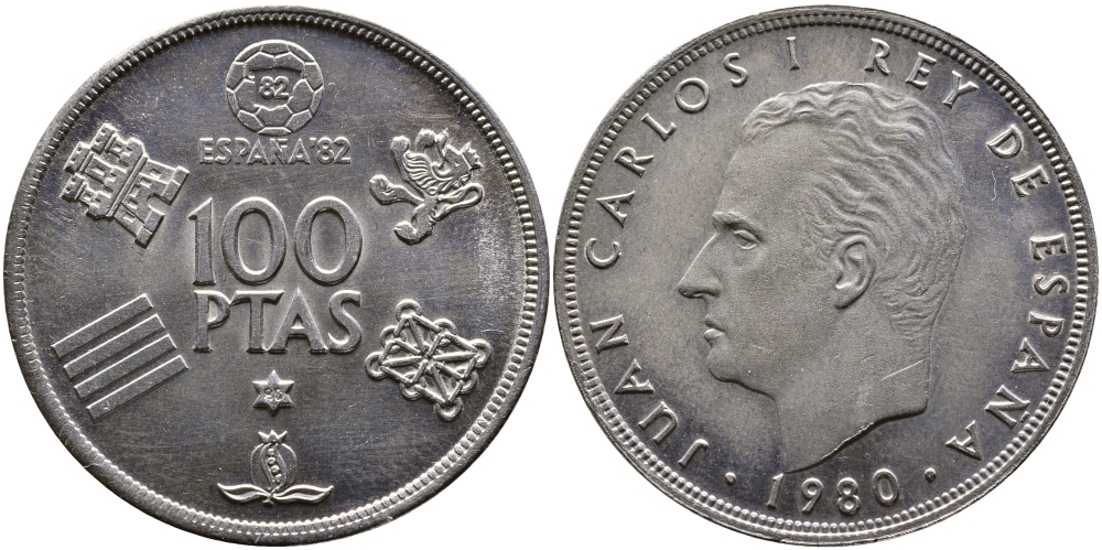 Испания 100 песет 1980 (80) чемпионат мира по футболу в Испании 1982 года, Хуан Карлос I (1975-) KM 820 медно-никель 4389-235