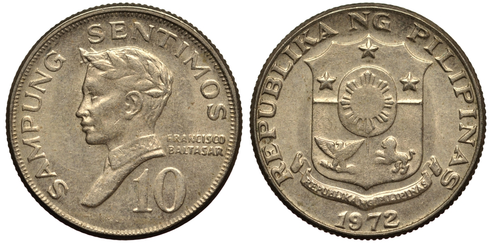 ФИЛИППИНЫ 10 СЕНТИМО 1972 ПОЭТ ФРАНСИСКО БАЛЬТАСАР KM 198 медь цинк никель XF- 4181-258