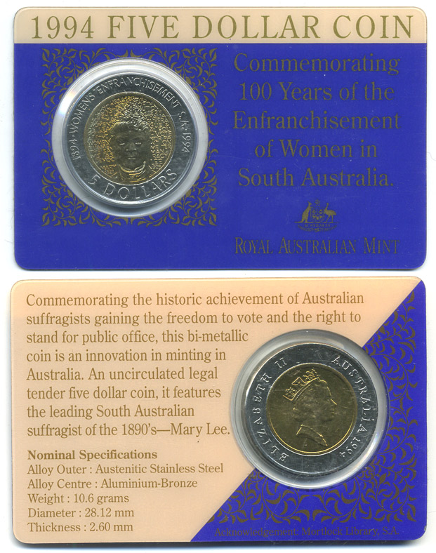 Австралия 5 долларов 1994 100 лет избирательному праву женщин, оригинальный буклет KM 224 биметалл UNC 1-4-4-05