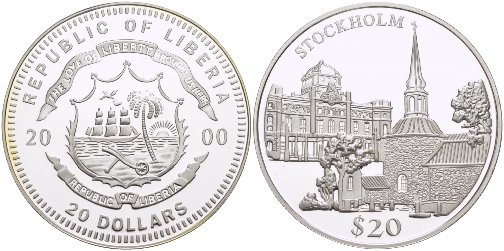 Либерия 20 долларов 2000 серия памятники архитектуры, Стокгольм KM 642 серебро PROOF 06-282-11