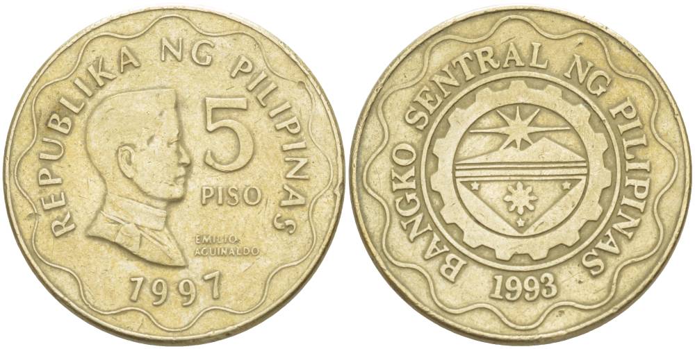 ФИЛИППИНЫ 5 ПИСО 1997 ЭМИЛИО АГИНАЛЬДО KM 272 никель латунь 4542-812