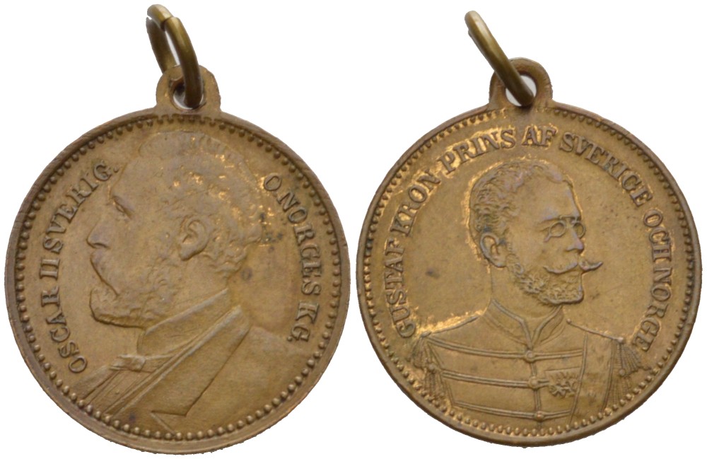 ШВЕЦИЯ МЕДАЛЬ ND КРОНПРИНЦ ШВЕЦИИ И НОРВЕГИИ ГУСТАВ АДОЛЬФ, КОРОЛЬ ОСКАР II, С КОЛЬЦОМ ДЛЯ НОШЕНИЯ, ДИАМЕТР 22 ММ., ВЕС 2,72 ГР. бронза 4536-333