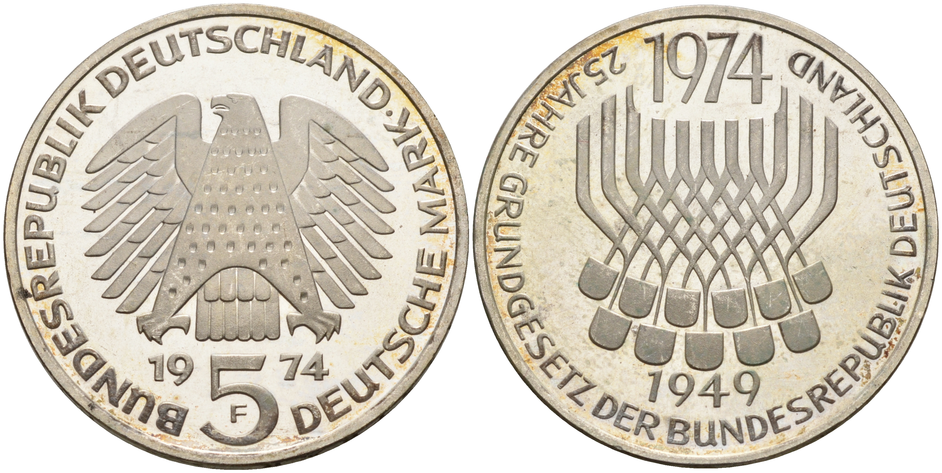 ФРГ 5 марок 1974 F, 25 лет со дня принятия конституции ФРГ KM 138, J.413 серебро UNC 75-314