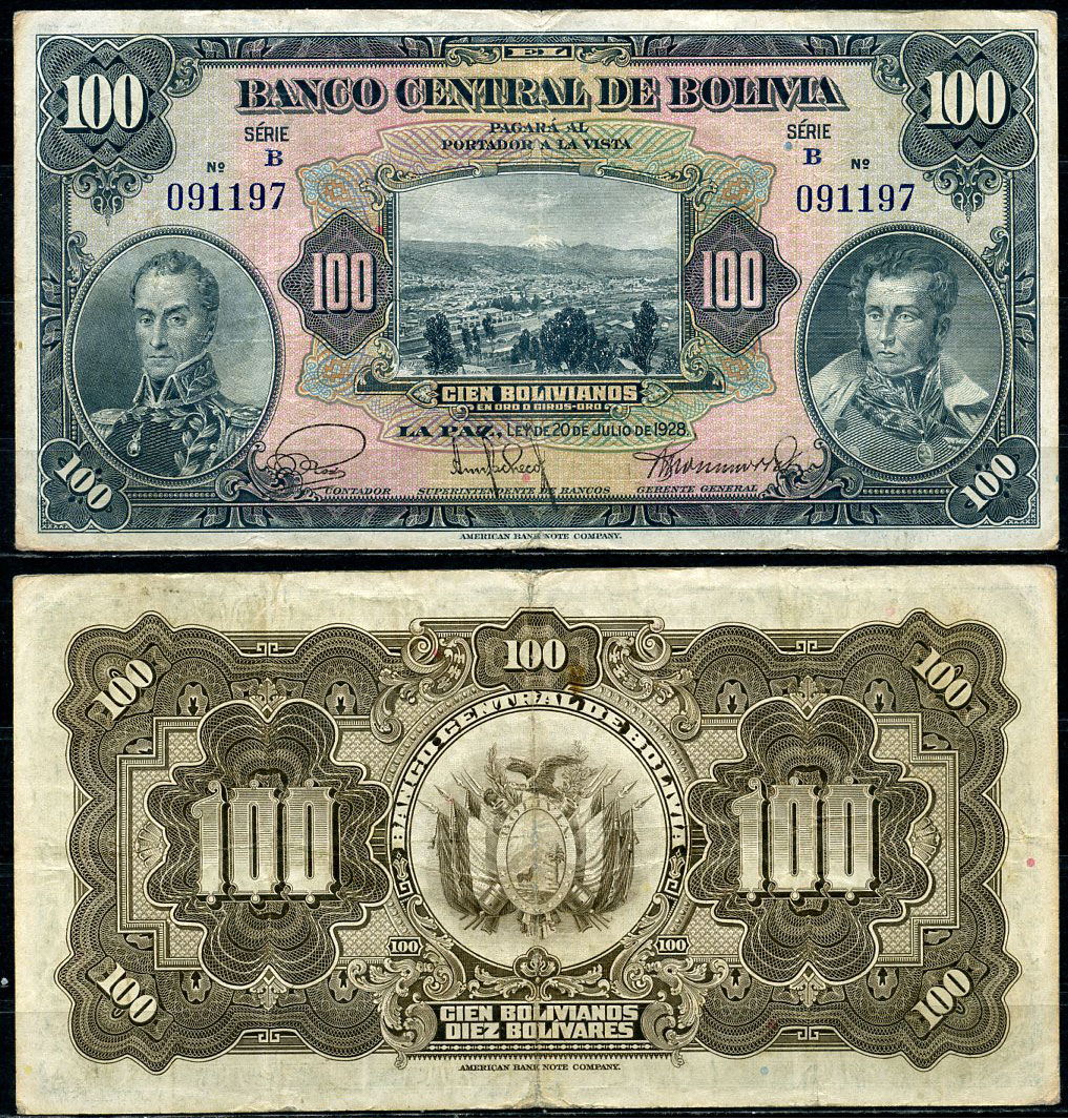 Боливия 100 боливиано 1928 серия B, Симон Боливар и Антонио Хосе Сукре Pick 125 a (2)  бумага   6285-45-2-1