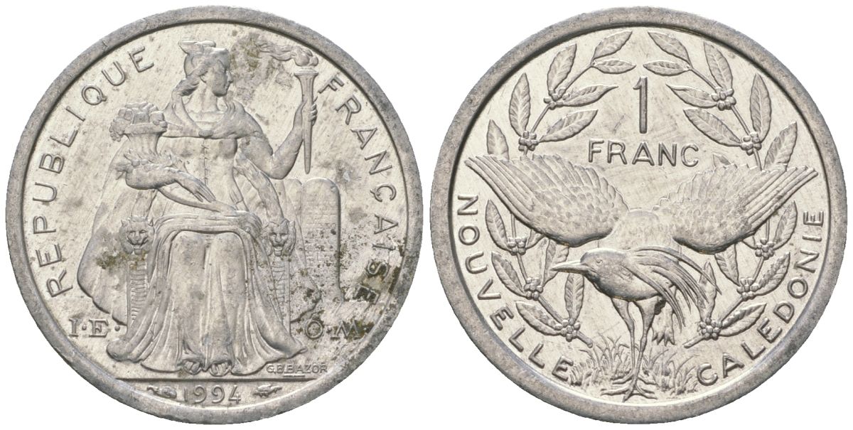 Французская Новая Каледония 1 франк 1994 птица кагу, (IEOM) KM 10, Schoen 10, Lec 52 алюминий 37-1256