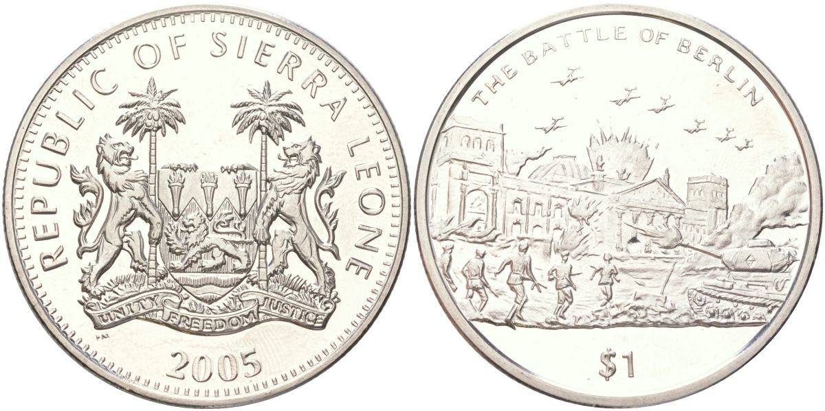 Сьерра-Леоне 1 доллар 2005 60 лет окончанию Второй мировой войны - Битва за Берлин KM 319 медно-никель BU 73-714
