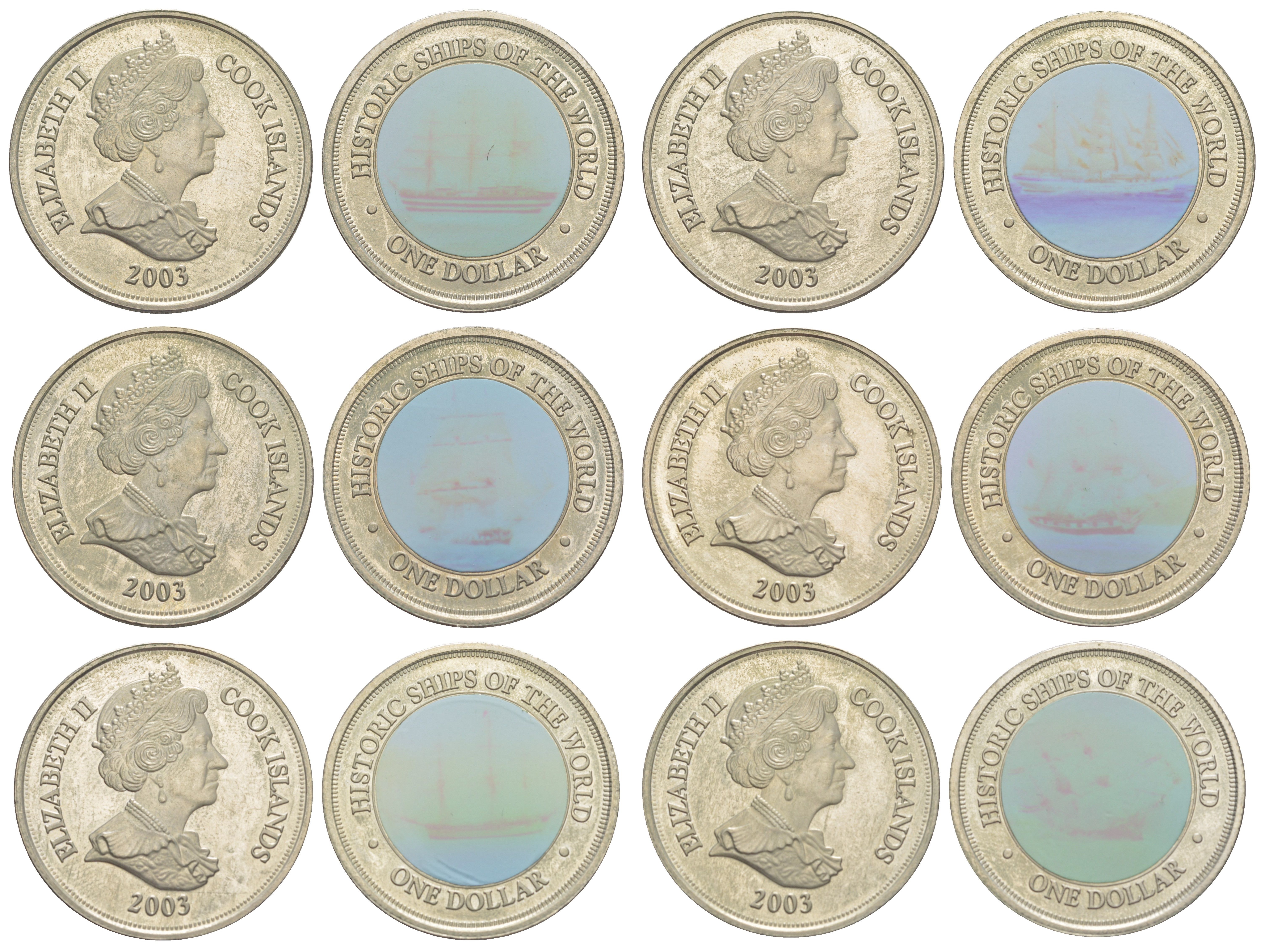 Острова Кука полный набор из 6 монет (1 доллар) 2003 Исторические корабли KM 746, 747, 748, 749, 750 и 751 медно-никель 00-00