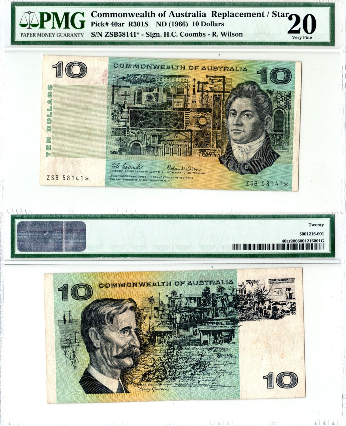 Австралия 10 долларов ND (1966) в холдере компании PMG. Сохранность -20, серия замещения ZFE Фрэнсис Гринуэй, здания. Генри Лоусон, деревня Pick 40 ar бумага 452-3-09