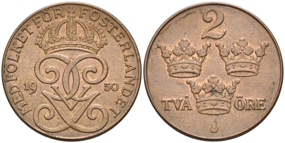 Швеция 2 эре 1950 Густав V (1907-1950) KM 778 бронза 68-1253