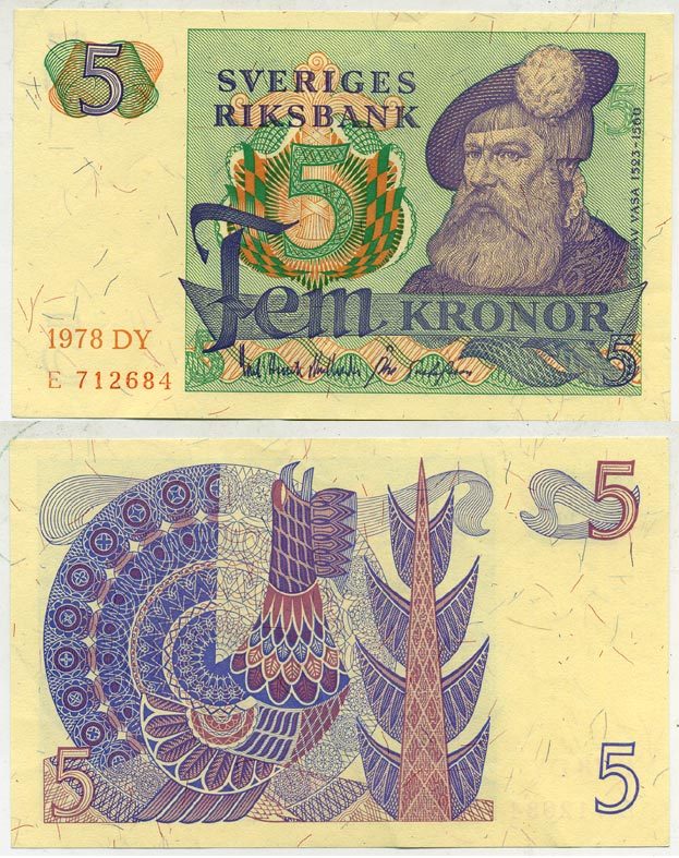 Швеция 5 крон 1978 DY, Густав I Ваза Pick 51d бумага aUNC 444-101-1