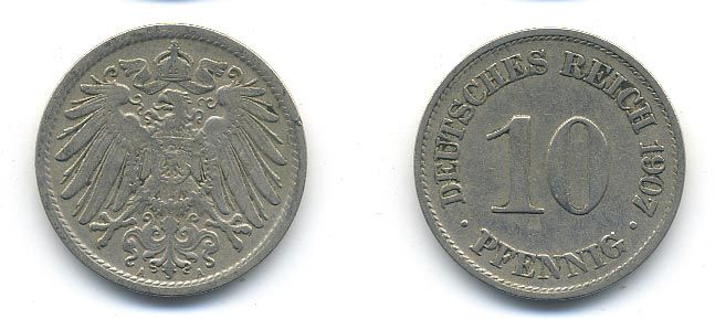 Германия 10 пфеннигов 1907 A KM 12, J. 13 медно-никель 58-313