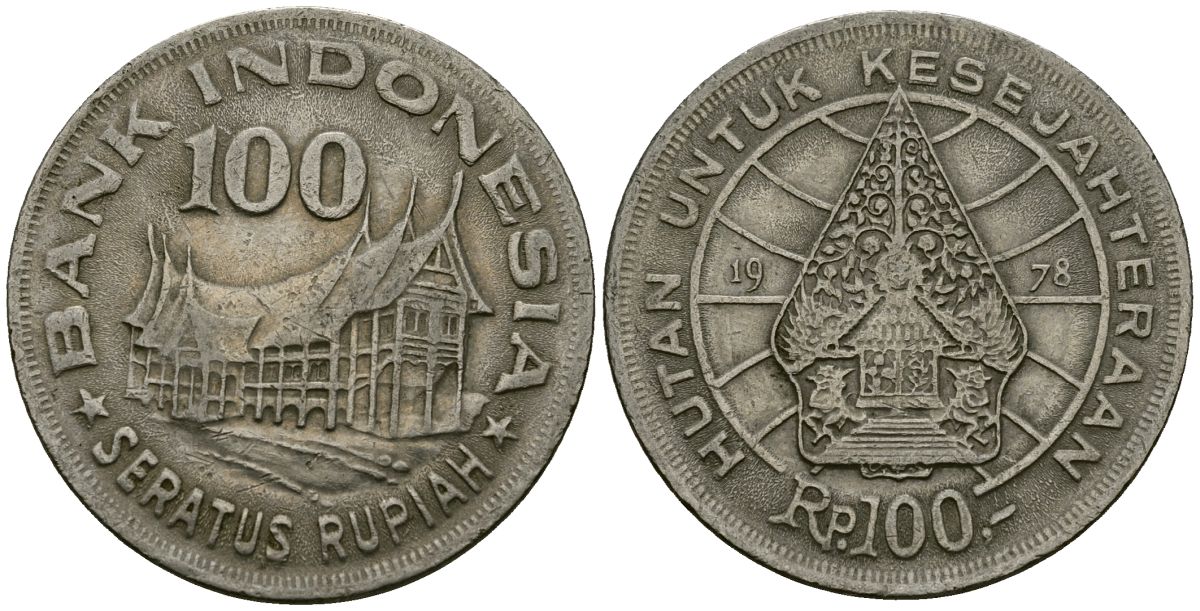 Индонезия 100 рупий 1978 хижина Минангкабау, легендарное дерево жизни KM 42 медно-никель 4137-336