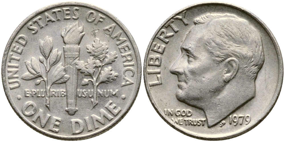 США 10 ЦЕНТОВ = 1 ДАЙМ 1979 РУЗВЕЛЬТ KM 195а медь плакированная медно-никелем 53-515