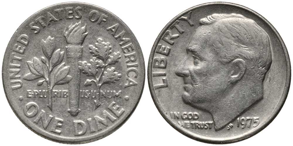 США 10 ЦЕНТОВ = 1 ДАЙМ 1975 РУЗВЕЛЬТ KM 195а медь плакированная медно-никелем 112-642