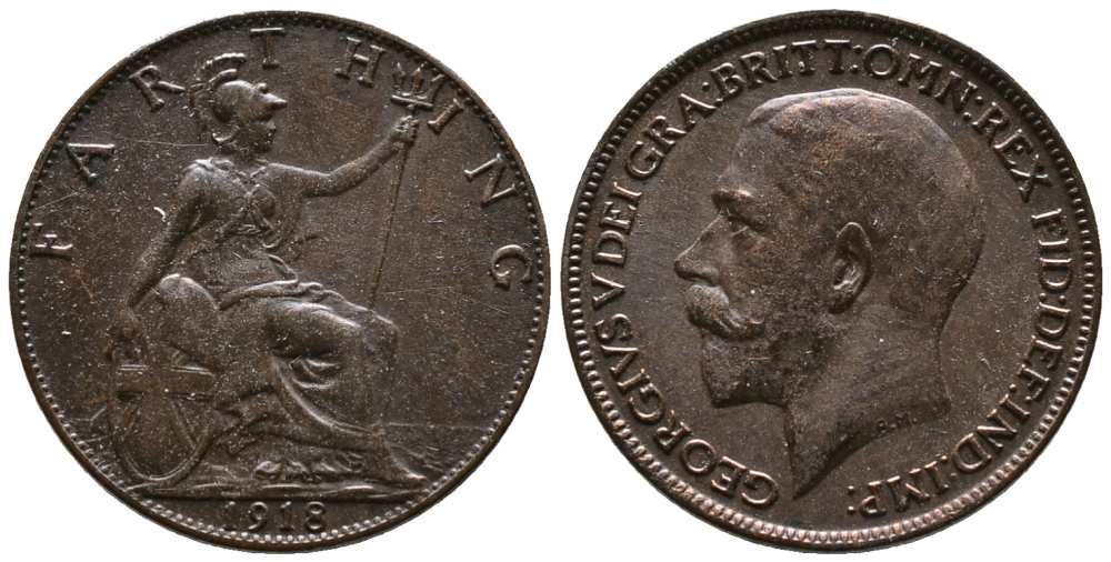 Великобритания 1 фартинг 1918 Георг V (1910-1936) KM 808.2, Spink 4060 бронза aUNC 117-653