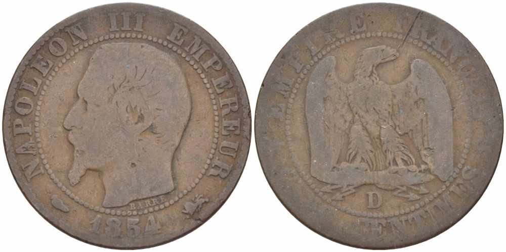 ФРАНЦИЯ 5 САНТИМОВ 1854 D, НАПОЛЕОН III (1852-1870) KM 777.4, LE FRANC 116.12 бронза 108-252