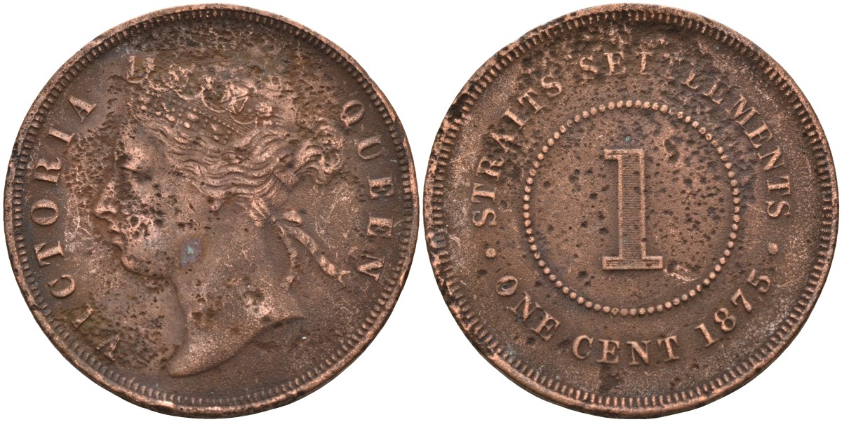 Стрейтс-Сетлментс 1 цент 1875 Виктория (1837-1901), Ост-Индская компания KM 9 медь 4590-423
